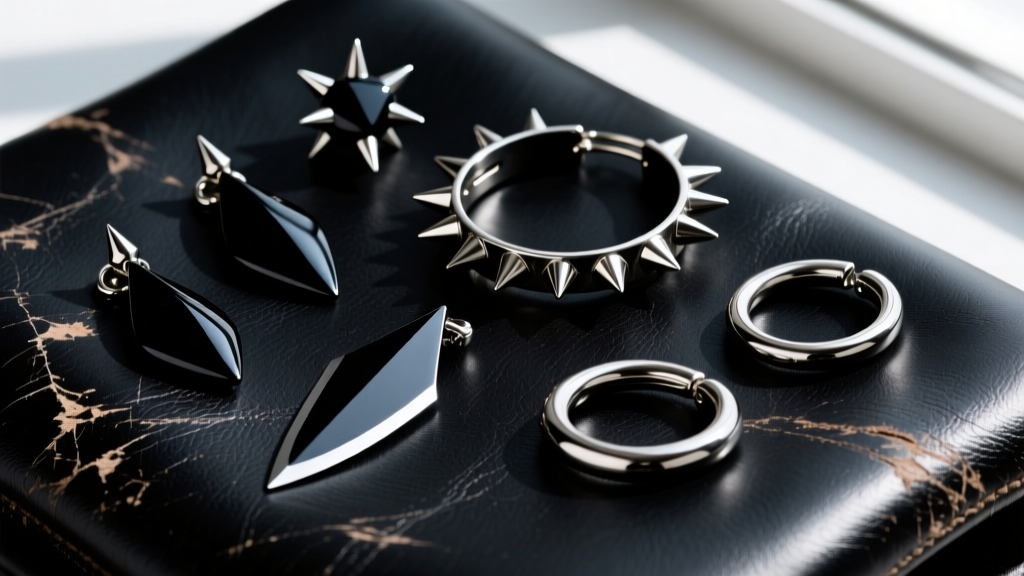 Flat lay of dark jewelry featuring razor blade drops, spiked studs, and o-ring clickers on a scratched black leather surface.