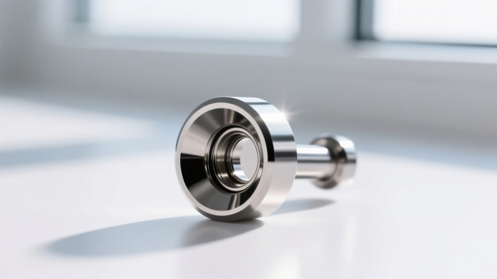Macro shot of an ASTM F-136 titanium flat back labret post, 16-gauge thickness, highlighting its mirror-polished medical finish.