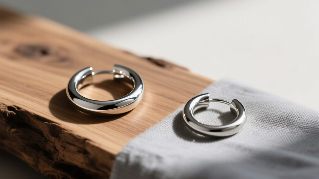 Close-up of a silver hoop earring on raw oak wood, contrasting with another hoop resting on anti-tarnish treated grey linen fabric.