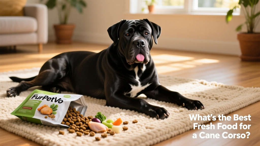 A relaxed Cane Corso lying on a rug beside an open FurPetVo meal pouch, looking content and healthy