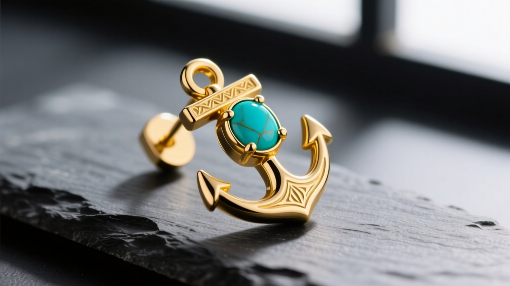 Macro photography of a 14k yellow gold anchor hope earring with a bezel-set turquoise cabochon, resting on a dark slate surface.