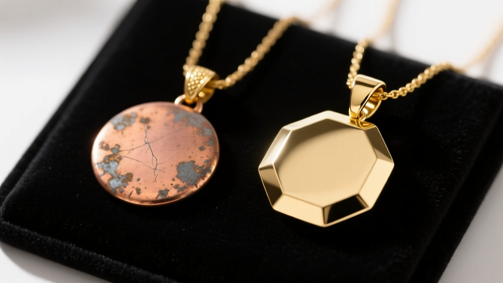 Side-by-side view of a tarnished gold-plated copper pendant and a pristine 14k gold-filled pendant on a dark velvet display pad