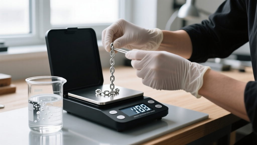 Jeweler doing a specific gravity water test on wholesale sterling silver chain links using a precise digital laboratory scale