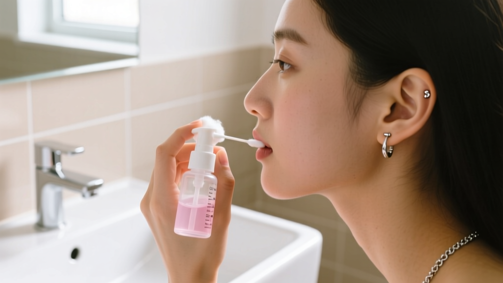 Person gently applying sterile saline spray to a cartilage piercing bump with a clean cotton swab, bright natural bathroom lighting.
