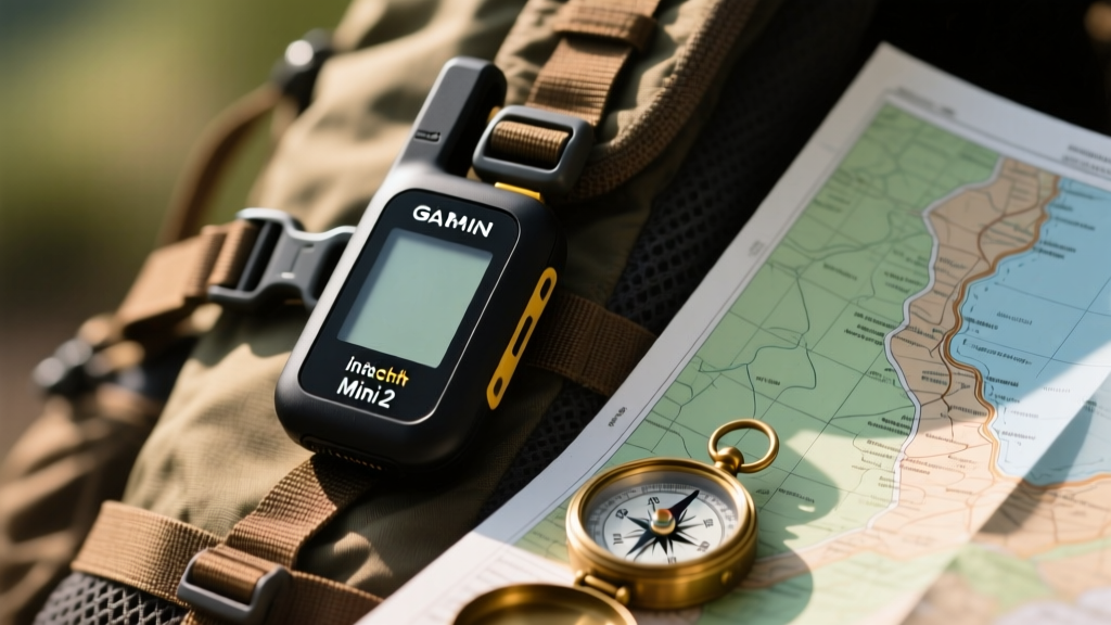 Close up of a Garmin inReach Mini 2 satellite messenger clipped to a hiking backpack next to a topographic map and compass