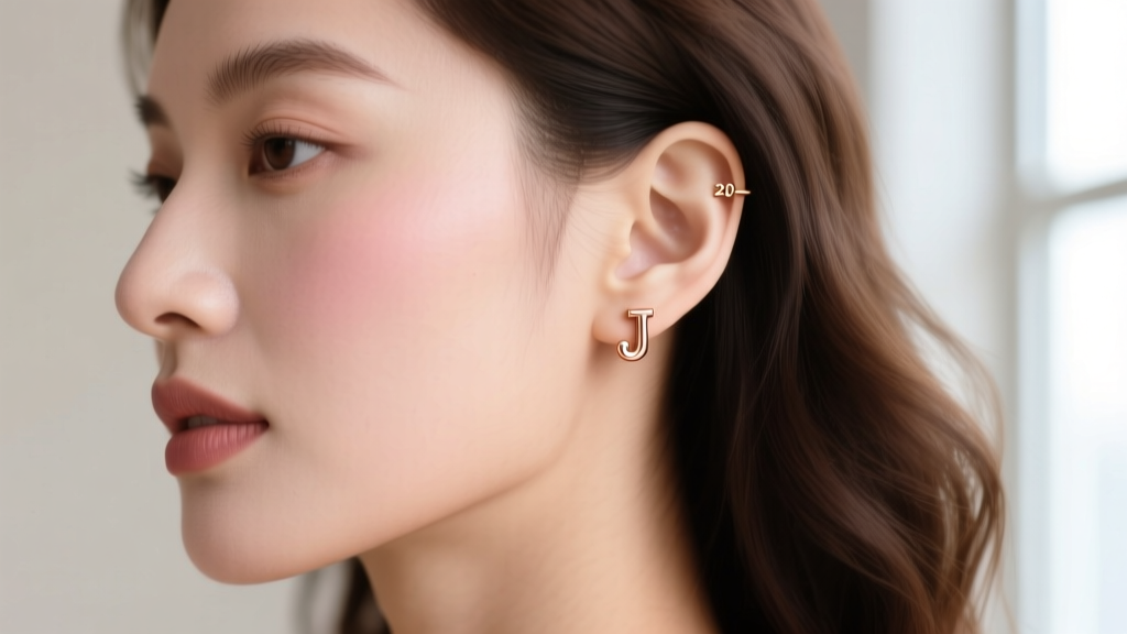 Profile of woman wearing a 20-gauge 14k rose gold J initial stud earring on her lobe, illuminated by soft natural window light