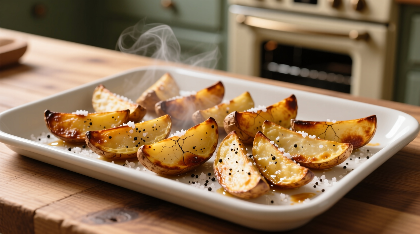 Golden brown oven-baked potato wedges on baking sheet
