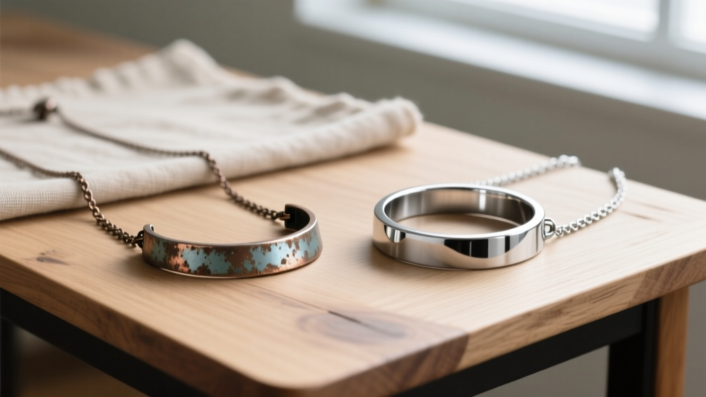 Flat lay comparing a tarnished zinc alloy anime replica necklace next to a polished surgical steel version on a wooden desk