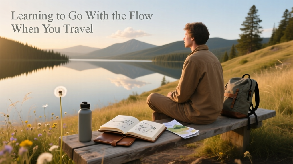 a travelers sitting on a hill overlooking a lake