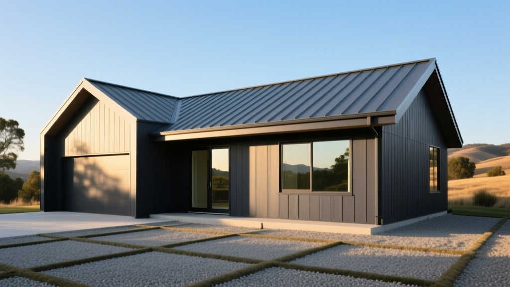 Modern house exterior with dark gray fiber cement siding, metal roofing, and dual-pane windows surrounded by cleared gravel landscaping.