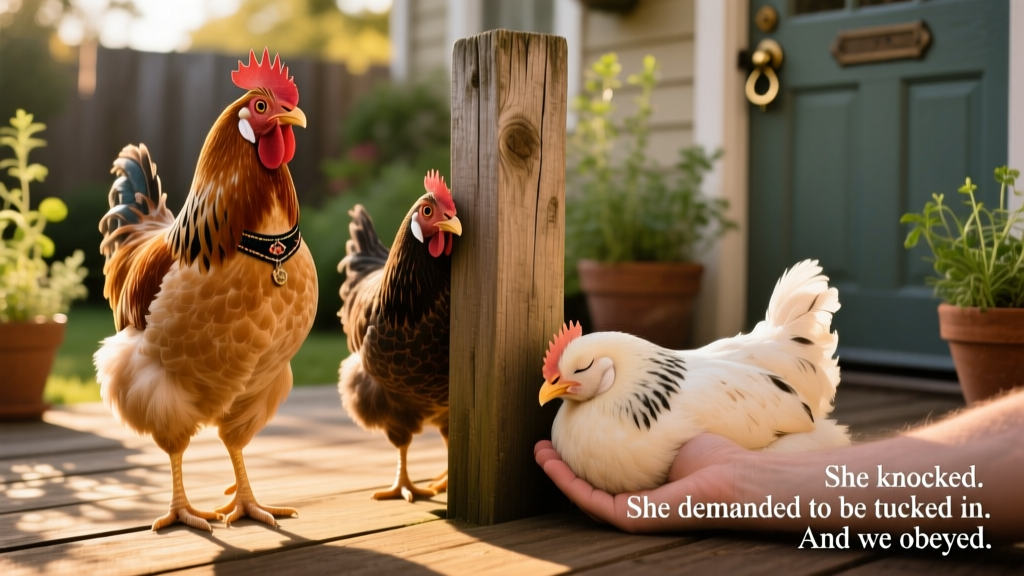 Three chickens side-by-side: one standing tall and alert (bossy), one peering curiously from behind a fence post (smart), and one nestled gently against a human hand (sweet)