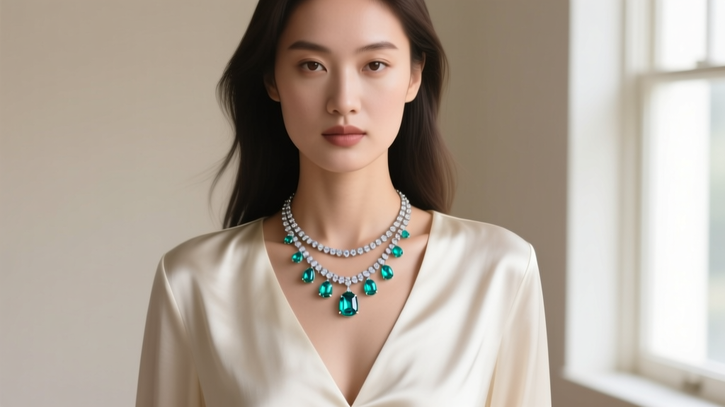 Editorial shot of a model wearing a deep V-neck silk blouse layered with a delicate topaz and diamond lariat necklace.