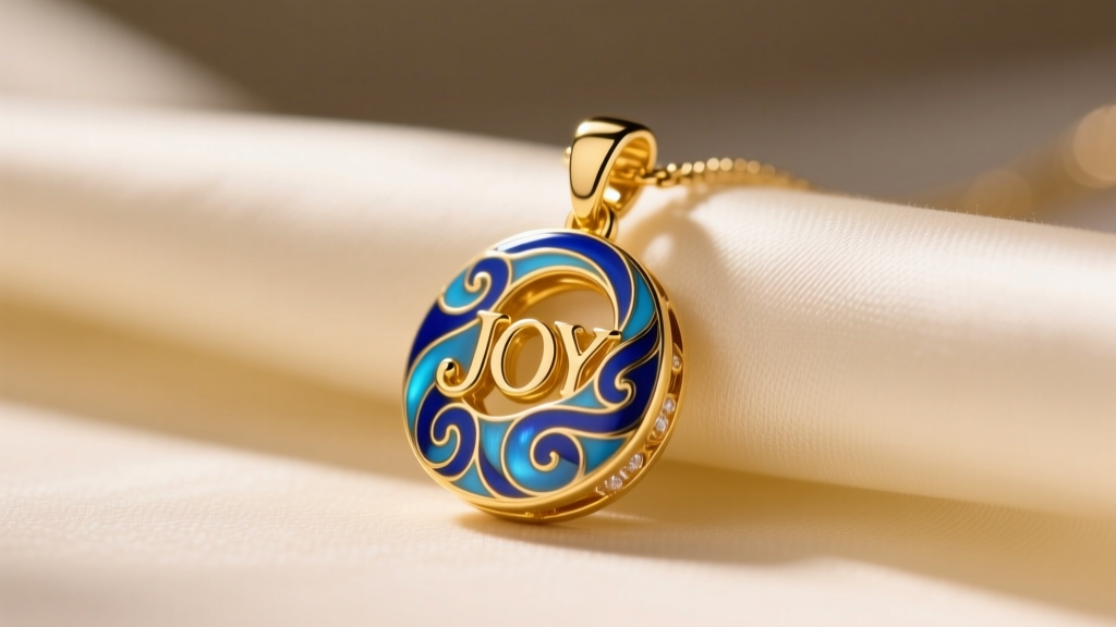 Macro shot of an 18k yellow gold JOY pendant with bright blue guilloché enamel, resting on cream silk under warm studio light.