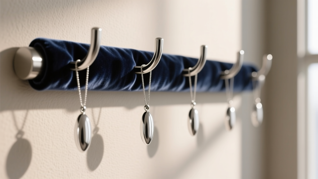 Velvet-wrapped steel wall hooks holding delicate silver pendants, showing the soft fabric lining that prevents surface scratches.