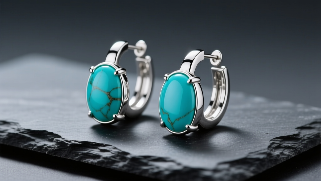 Sterling silver hoop earrings with bezel-set turquoise cabochons resting on dark slate under soft directional studio lighting