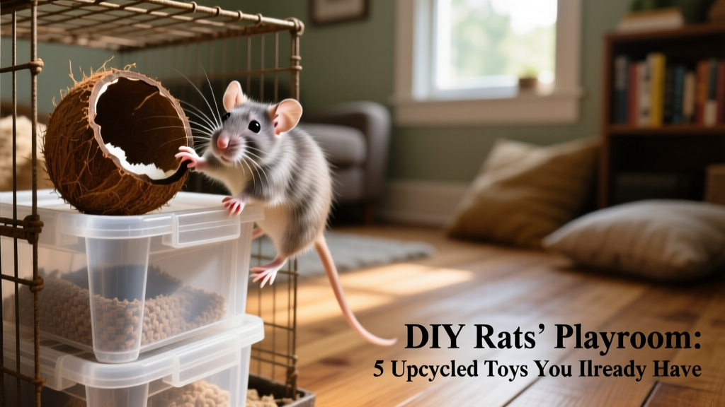 Rat climbing over and peeking out from stacked plastic bins and a coconut shell in a cage setup