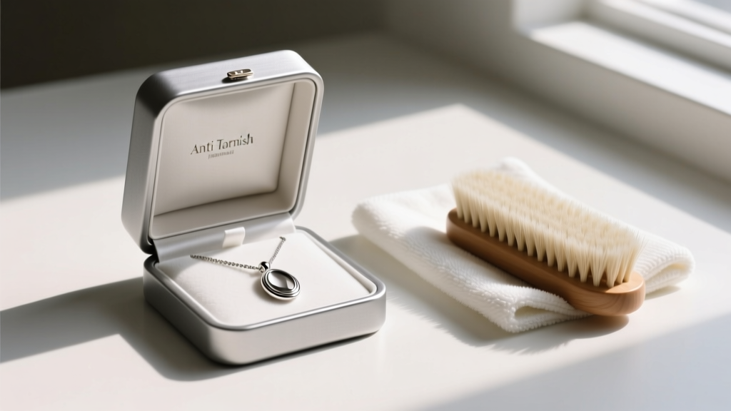 Anti-tarnish box holding a silver necklace with oval pendant, next to a microfiber cloth and soft horsehair brush
