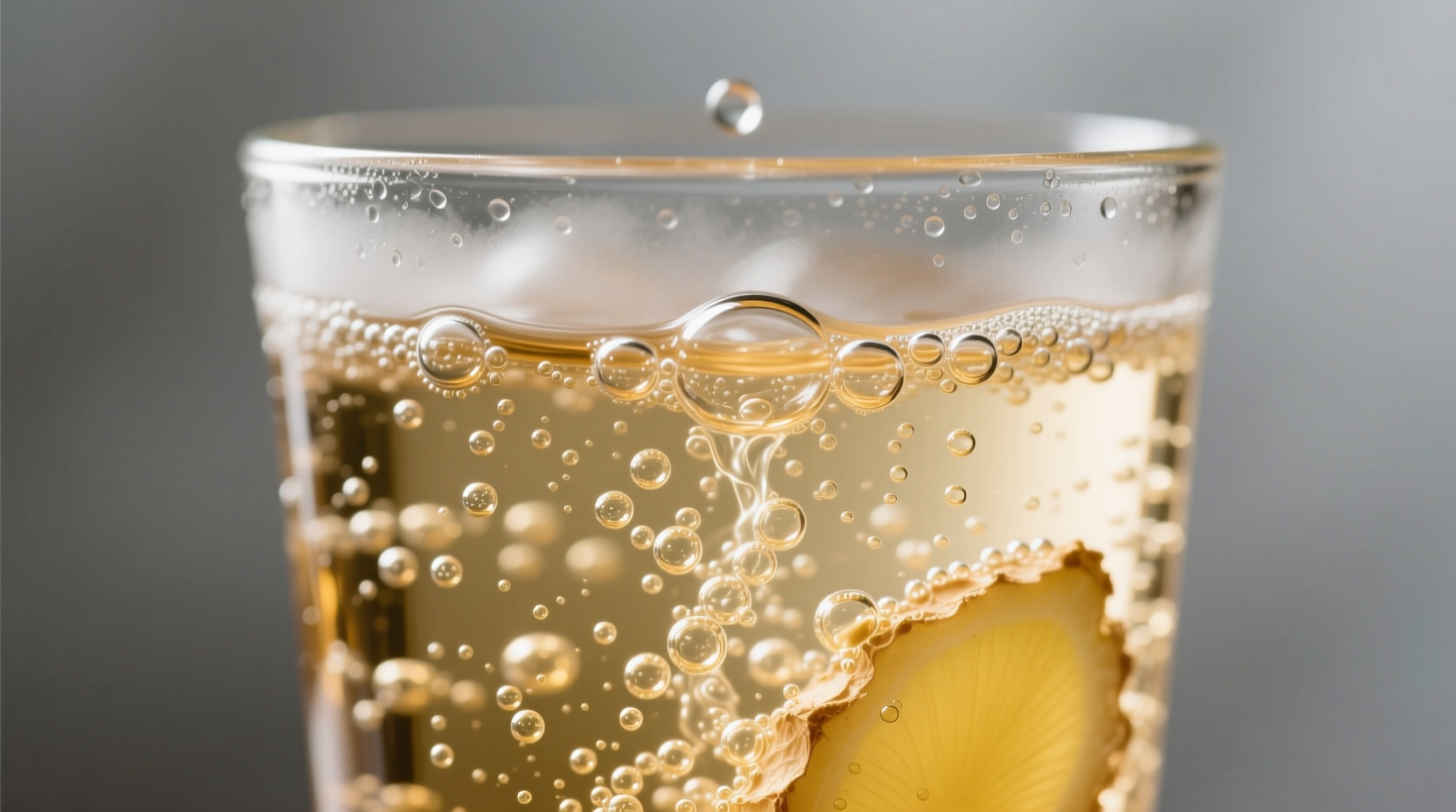 Clear glass of ginger ale with visible carbonation bubbles