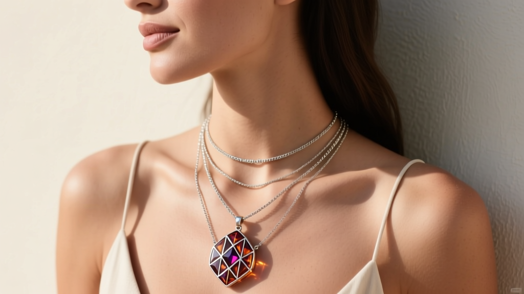 Woman wearing three layered Stella and Dot necklaces of varying lengths, showcasing delicate chains and a bold resin pendant