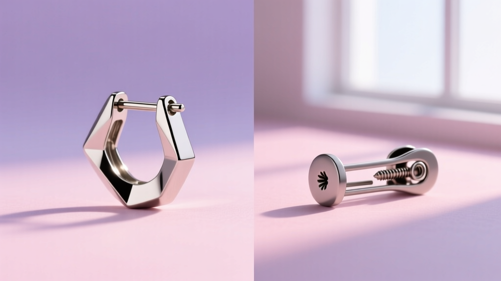 Side-by-side view of a neodymium magnetic keloid earring and a screw-back clip pressure earring against a soft pastel background.