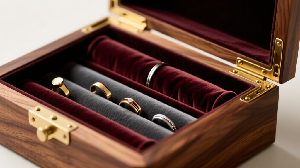 Open black walnut jewelry box drawer displaying velvet ring rolls and brass dovetail joints in warm natural light.