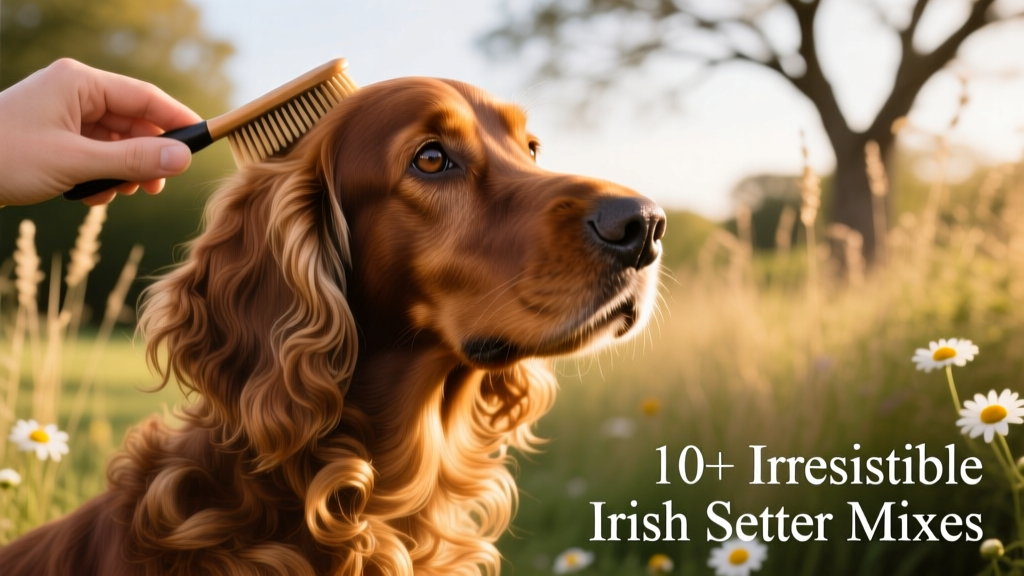 A close-up of an Irish Setter mix’s glossy, wavy coat being gently brushed by hand