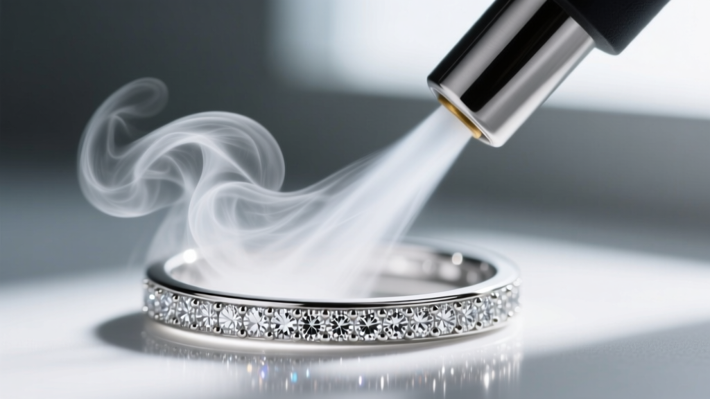 Close-up of a high-pressure steam jewelry cleaner nozzle blasting a jet of steam onto a platinum pave diamond eternity band.