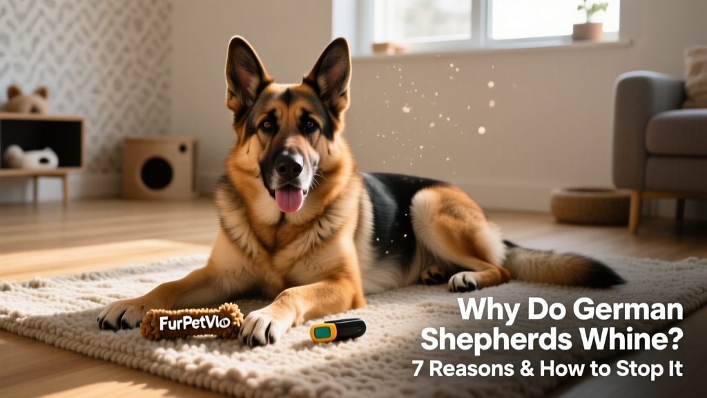 Adult German Shepherd lying calmly on a rug beside a FurPetVo chew toy and training clicker, looking relaxed and focused