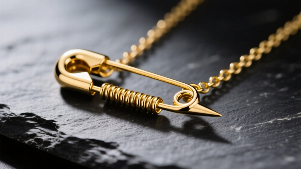 Macro shot of a polished 14k yellow gold safety pin necklace pendant on dark slate, highlighting the coiled spring and sharp point.