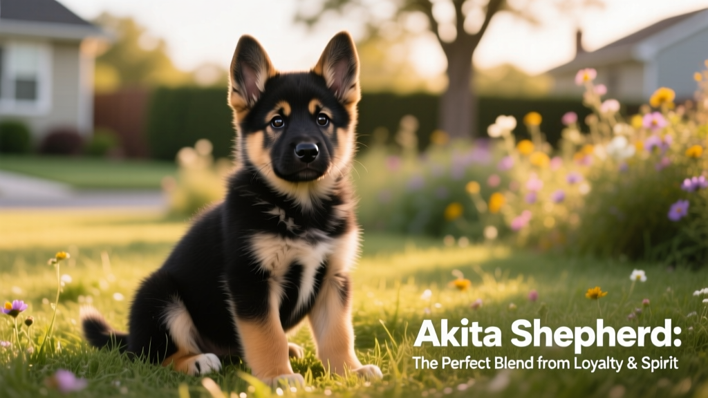 An adorable Akita Shepherd puppy sitting on grass, looking curiously at the camera