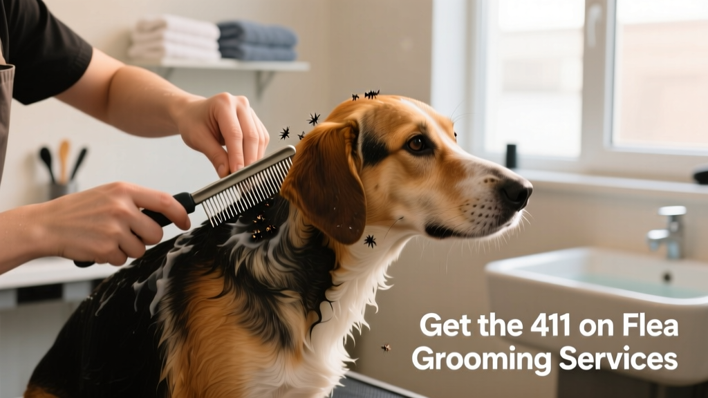 Groomer using a fine-toothed flea comb on a dog’s shoulder during a flea bath