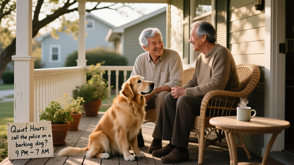 Two neighbors having a calm, friendly conversation on a front porch