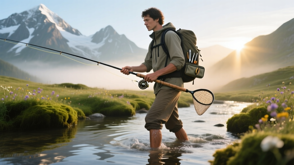 Ultralight backpacker wading into a remote alpine stream holding a collapsed tenkara rod and compact fly fishing gadgets in 2026