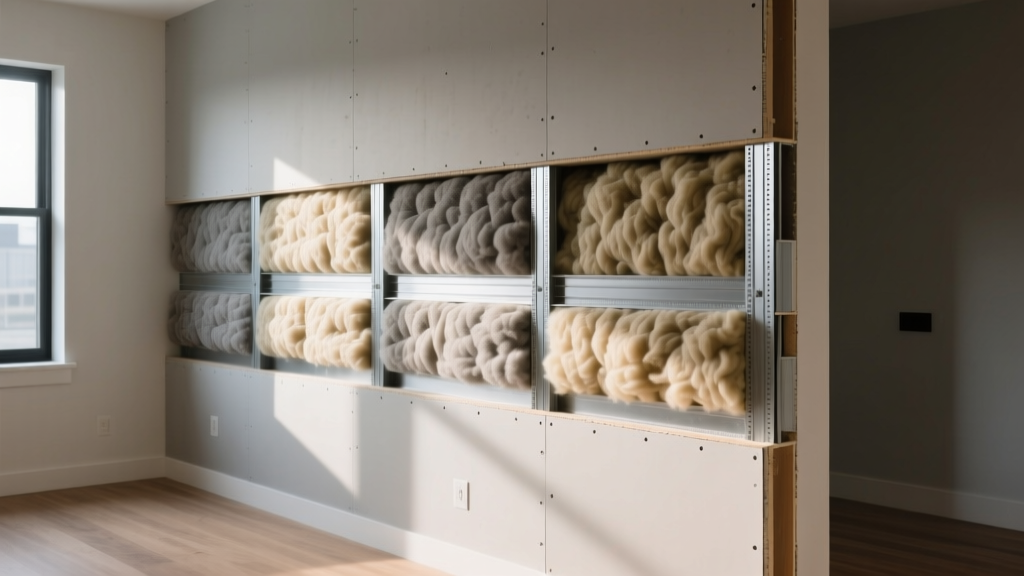 Cross-section of a residential interior wall exposing dense mineral wool acoustic batts installed between metal resilient channels and drywall
