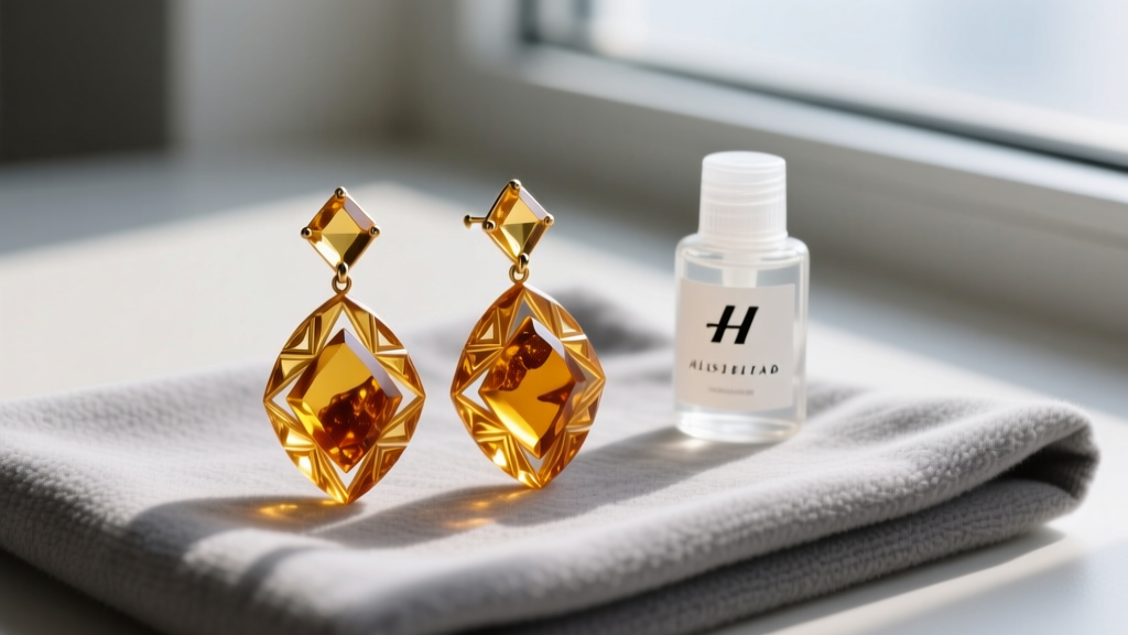 Macro shot of carved amber Alexis Bittar Lucite earrings on a gray microfiber cloth beside a small bottle of plastic polish