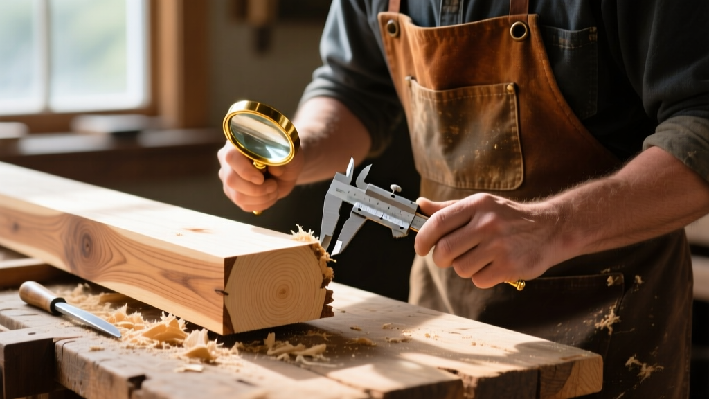 Carpenter examining end grain of rough-sawn oak and pine lumber on a sunlit workbench using a magnifying glass and steel calipers