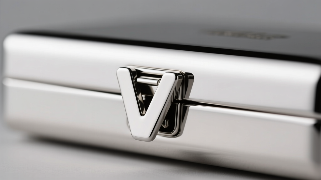 Close-up of a platinum box clasp showing the V-shaped metal tongue inserted into the slot under bright and soft studio lighting.