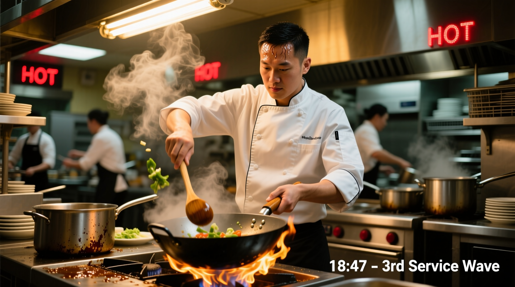 Line cook preparing dishes during busy restaurant service