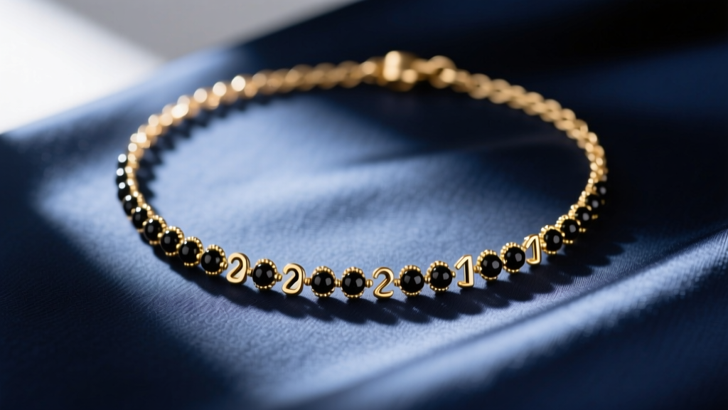 Macro photography of a delicate gold chain necklace in morse code featuring tiny black onyx dots and dashes resting on silk