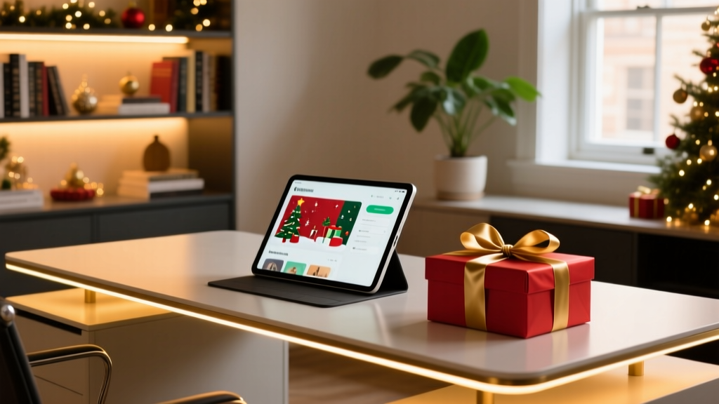 A festive home office desk setup featuring warm LED accent lighting, a glowing e-ink tablet, and a wrapped gadget box.