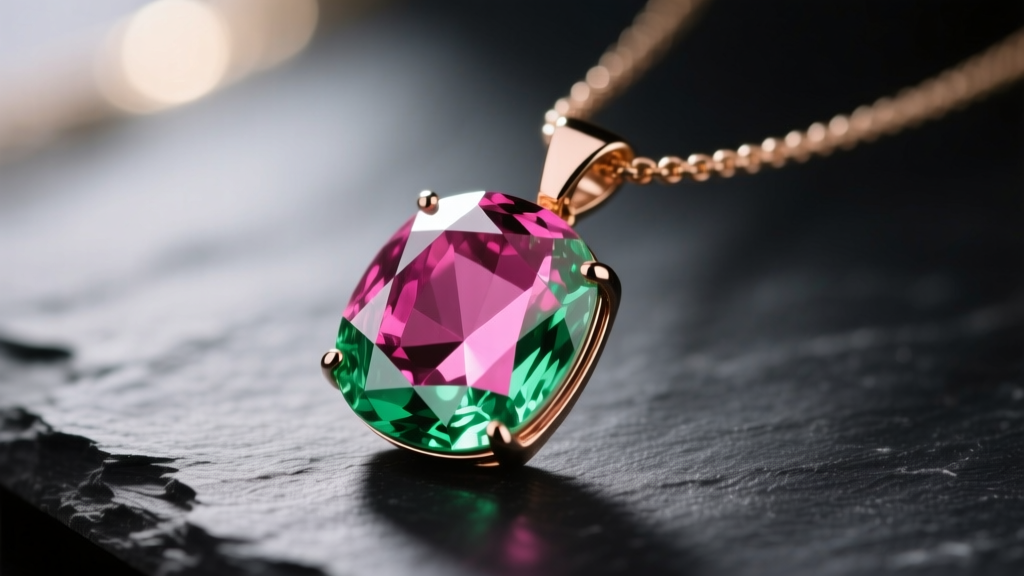 Close-up of a watermelon tourmaline pendant necklace showing sharp pink and green color zones on dark slate under soft warm light