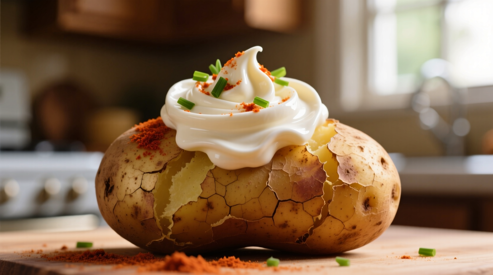 Close-up of sour cream dollop on baked potato