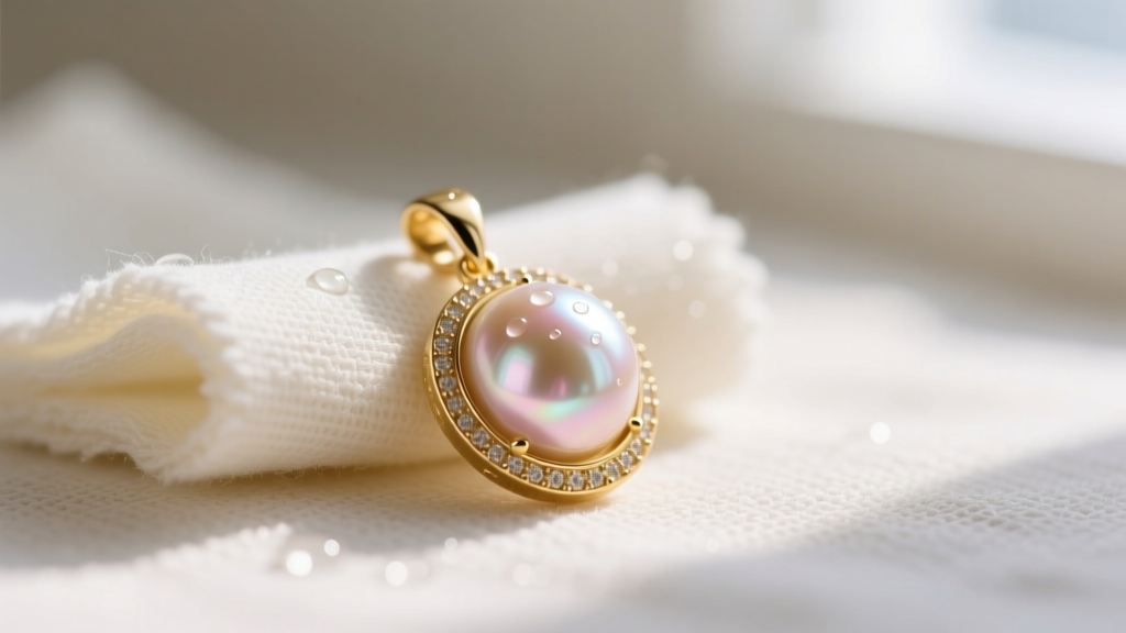 Minimalist 18k gold bezel-set baroque pearl pendant wiped with a damp microfiber cloth against a blurred cream linen background