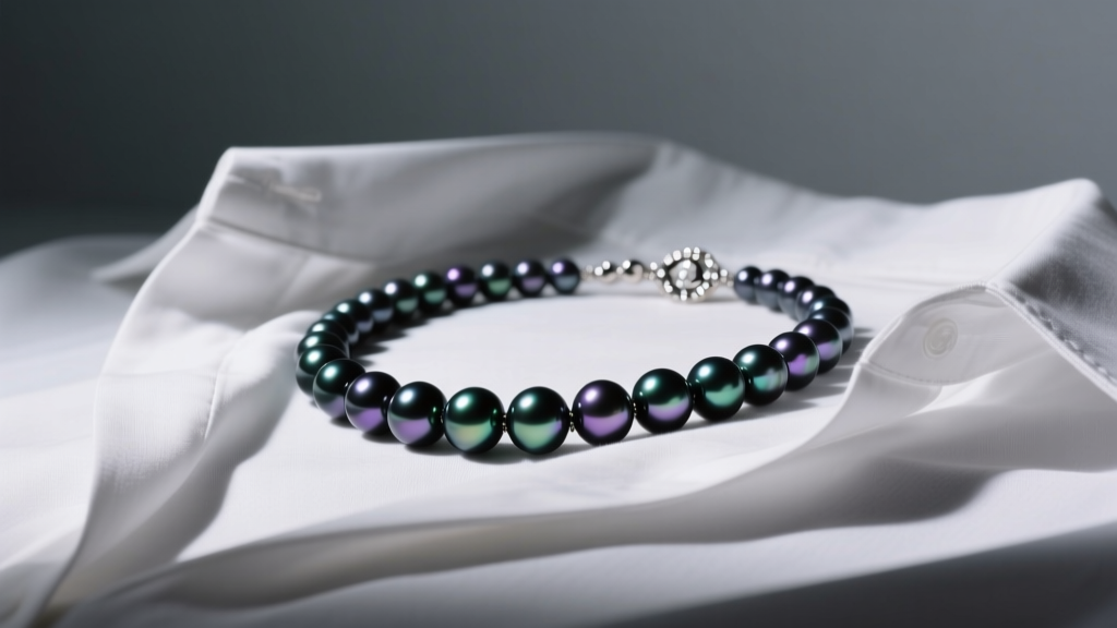 Dark Tahitian pearl necklace on a white linen shirt, moody studio lighting highlighting the pearl luster and clasp