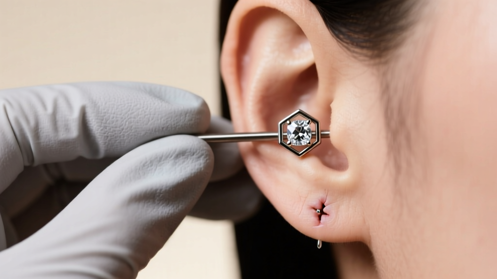 Gloved hands holding a 16-gauge titanium flat-back labret, preparing to unscrew the front gem from a healed cartilage piercing