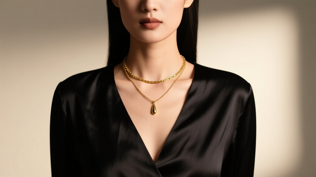 Woman wearing a gold lariat necklace with a short drop resting against the V-neck of a dark silk blouse under soft studio light.