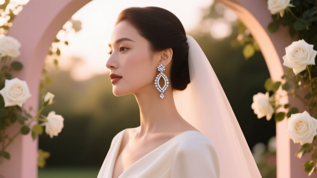 Bride wearing diamond art deco chandelier earrings with omega clasp, shown in profile against soft romantic wedding day lighting.