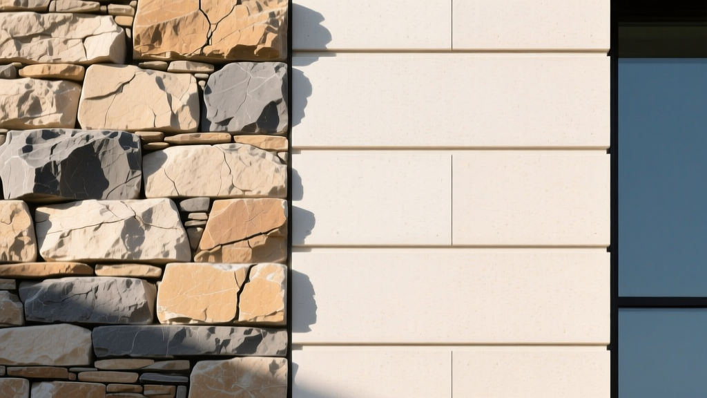Exterior wall displaying rough-hewn natural limestone veneer stones on the left and uniform manufactured cast stone on the right