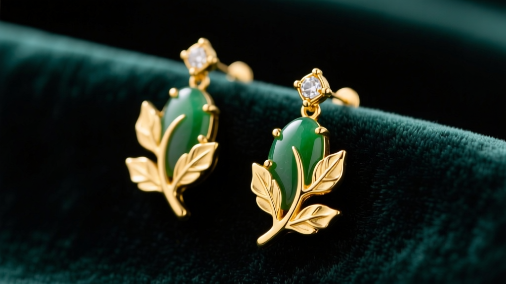 Close-up of vintage 18k yellow gold Angela Cummings earrings with nephrite jade inlay and organic leaf motifs on dark velvet.