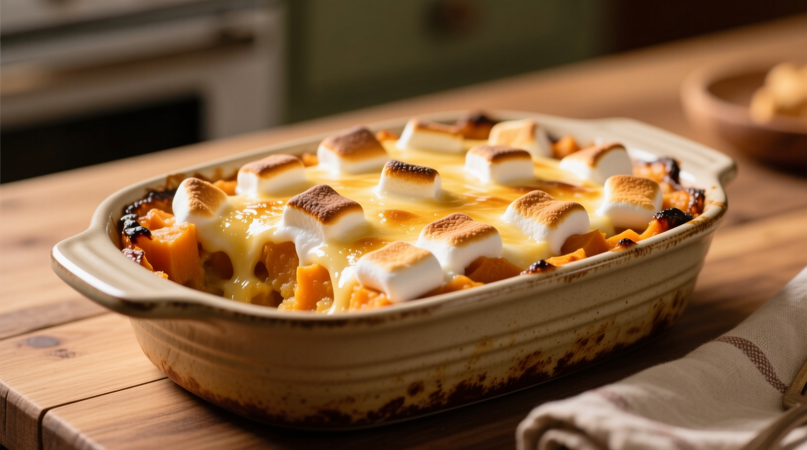 Golden sweet potato casserole with melted marshmallows